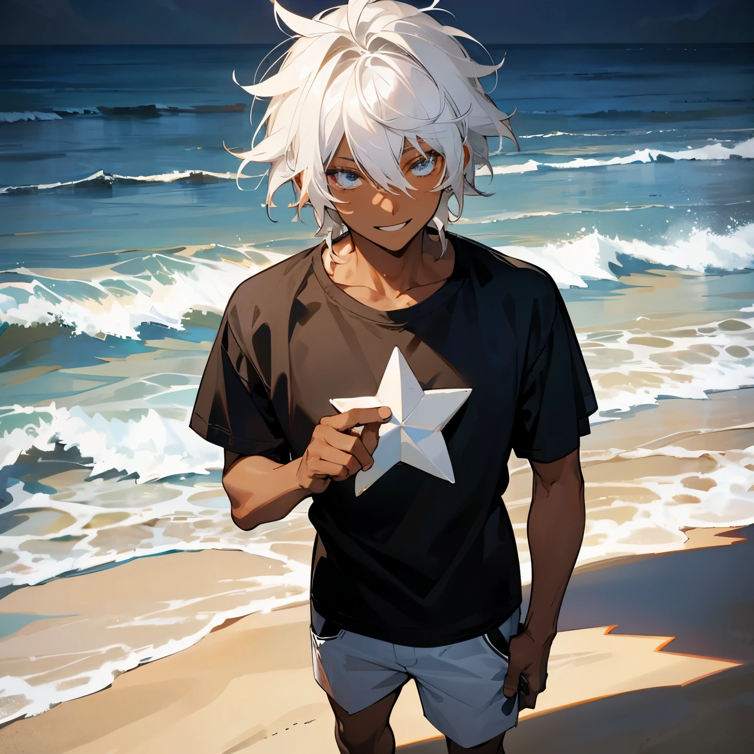 1male , Young Male , Dark Skin , White Hair , Messy Hair , Black Shortsleeve T-Shirt with a white star symbol , Standing on beach , smiling expression 