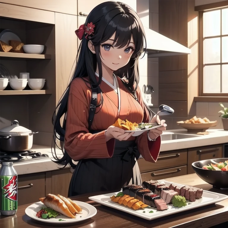 1girl, anime, black eyes, long black hair with square bangs, very long black hair, super long black hair, skirt and stockings, heels, black Japanese style kimono mixed with ribbed black sweater with red accents and sakura floral design, ((ribbed black sweater)) adult, (((Japanese shrine/temple background))), kimono sleeves, garter, graceful, ((cooking beef steak in kitchen)), sushi on countertop, mountain dew energy drink/soda on countertop, bag of dorito chips on countertop, lots of completed dishes everywhere, (((lots of food in the background)))