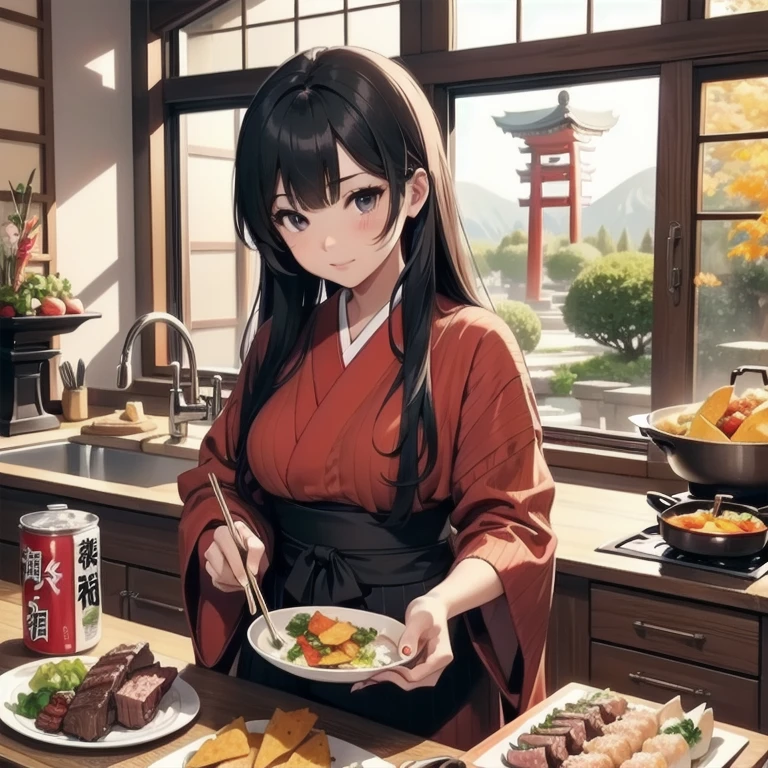 1girl, anime, black eyes, long black hair with square bangs, very long black hair, super long black hair, skirt and stockings, heels, black Japanese style kimono mixed with ribbed black sweater with red accents and sakura floral design, ((ribbed black sweater)) adult, (((Japanese shrine/temple background))), kimono sleeves, garter, graceful, ((cooking beef steak in kitchen)), sushi on countertop, mountain dew energy drink/soda on countertop, bag of dorito chips on countertop, lots of completed dishes everywhere, (((lots of food in the background)))