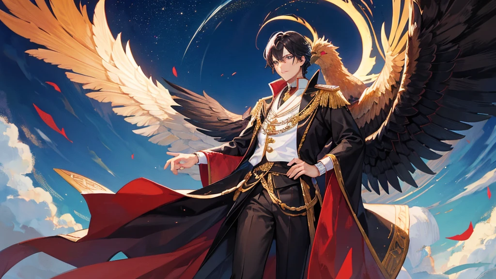 handsome boy, black hair, royal clothes, majestic black wings, phoenix bird, 8k resolution, night sky