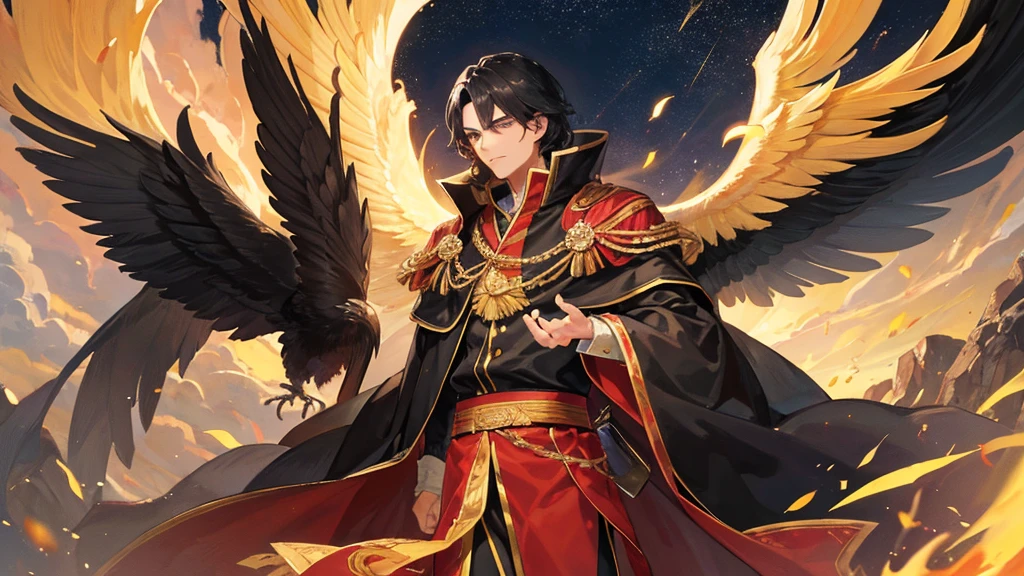 handsome boy, black hair, royal clothes, majestic black wings, phoenix bird, 8k resolution, night sky