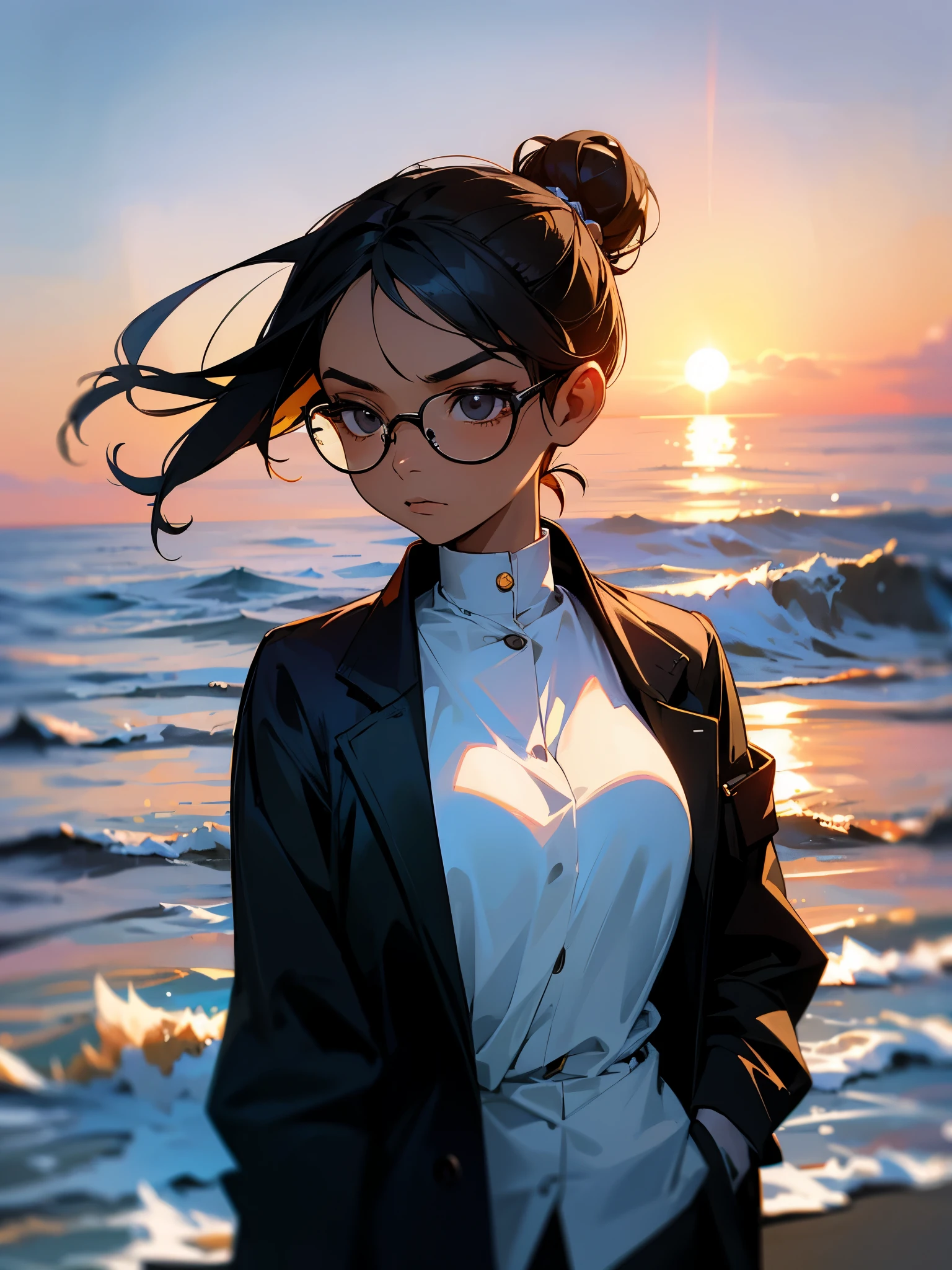 1female, old female, dark skin, black hair, black Eyes, glasses, serious expression, beach background, arms in pockets, black jacket,sunset, close up,hair in a bun,