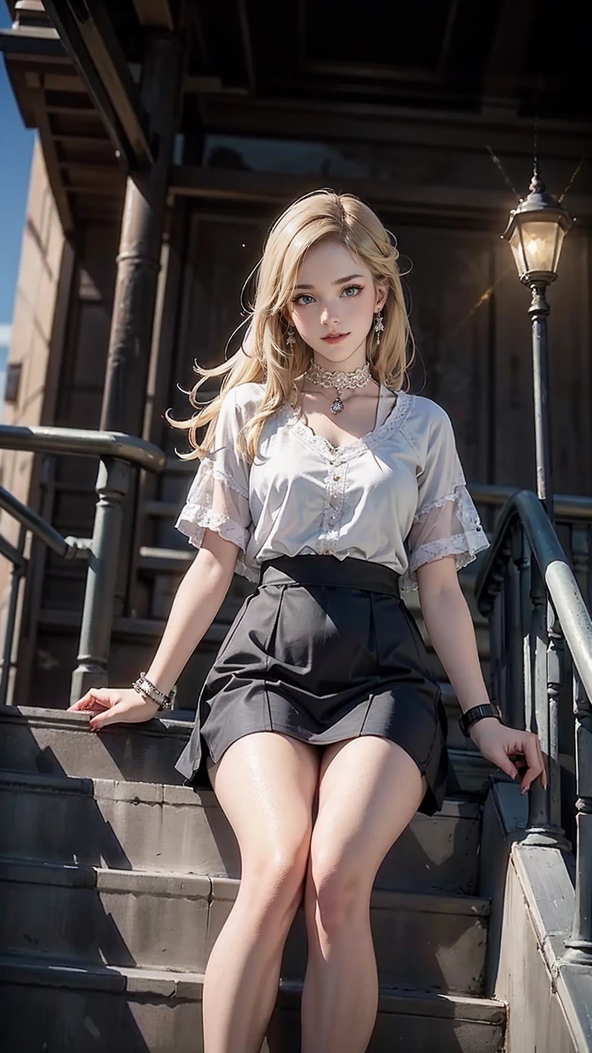 ((最high quality, 8K, masterpiece: 1.3, Ultra HD, high quality, 最high quality, High resolution, realism)) 、(high color saturation:1.0), (highly detailed skin), (最high quality:1.0), (超High resolution:1.0) ,(realistic:1.0), (Super detailed:1.0), (8K, Raw photo:1.1), slender、Slender, muscular body that's toned like an athlete's、I don't want my head to disappear from the screen.、Wear accessories on your wrist、Wearing red nail polish、I have a peticure、cinematic lighting, sparkle 、25 year old white woman、platinum blonde、long hair、blue eyes、hair above one eye、smile、Wear a lace choker、Wear a lace-decorated dress、flare skirt((flare skirt))wear、Stone apartment on New York's Upper West Side、Sit down on the steps at the entrance、smile((smile ))
