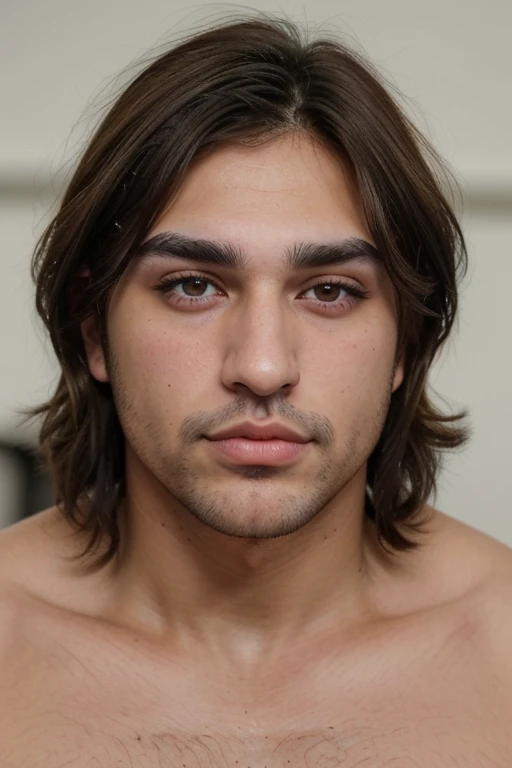 A brunette man, ojos marrones claros, cabello corto ondulado, labios delgados, thin nose and thick eyebrows