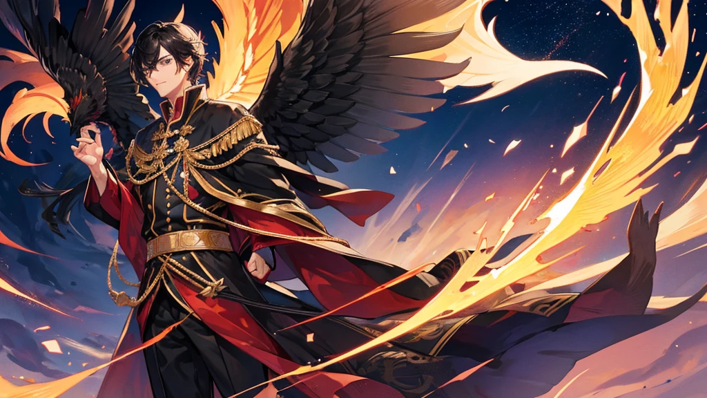 handsome boy, black hair, royal clothes, majestic black wings, phoenix bird, 8k resolution, night sky