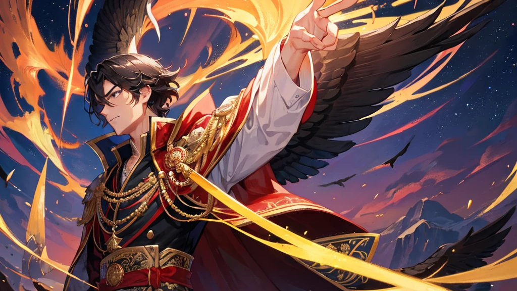 handsome boy, black hair, royal clothes, majestic black wings, phoenix bird, 8k resolution, night sky