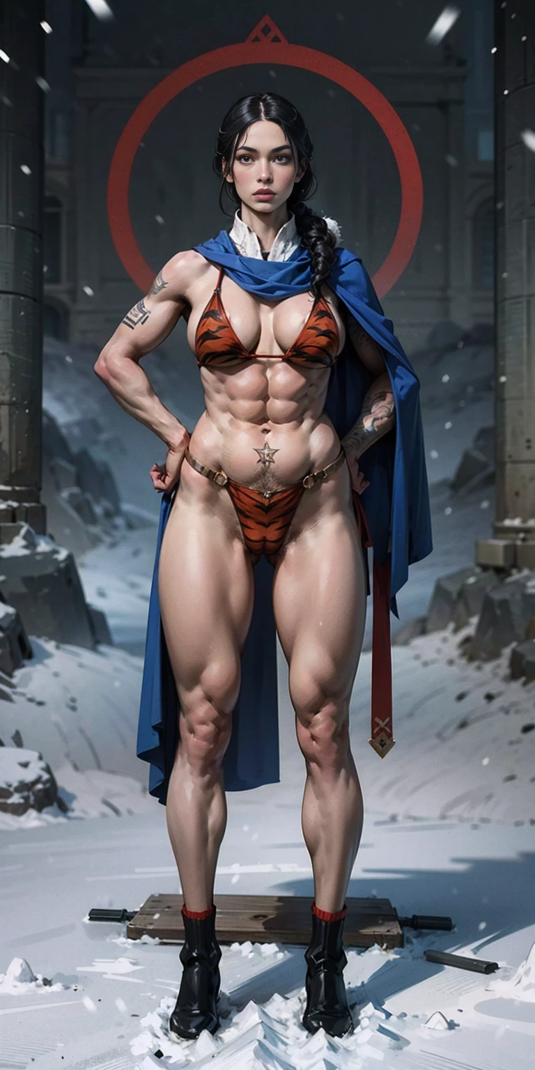 full body standing straight symmetrical, FEMALE warrior princess, big belt around waist, hair, very white skin like snow, strong abs, red tattoo belly, red loincloth, tiger bikini, blue cape, sleeveless, black long socks