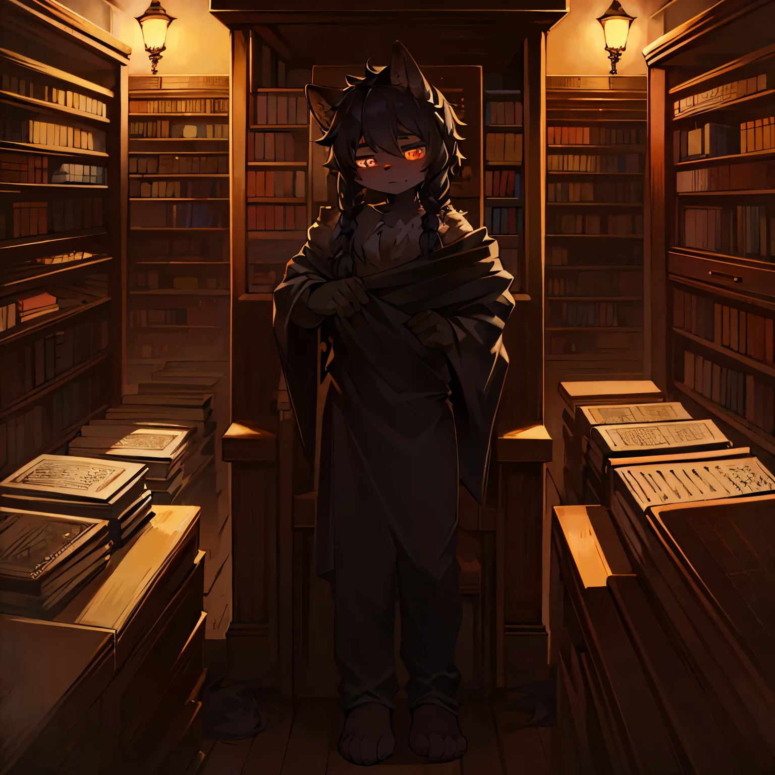 In the quiet recesses of a cozy room, an 8-year-old  with rich chestnut-brown fur and dark, intense eyes rests against the back of an overstuffed chair. His long, matted black hair cascades down to his shoulders, framing his gentle face. Hidden in the depths of the room, surrounded by piles of books, the 's charm lies in the intricate details of his fur and the captivating depth of his eyes.