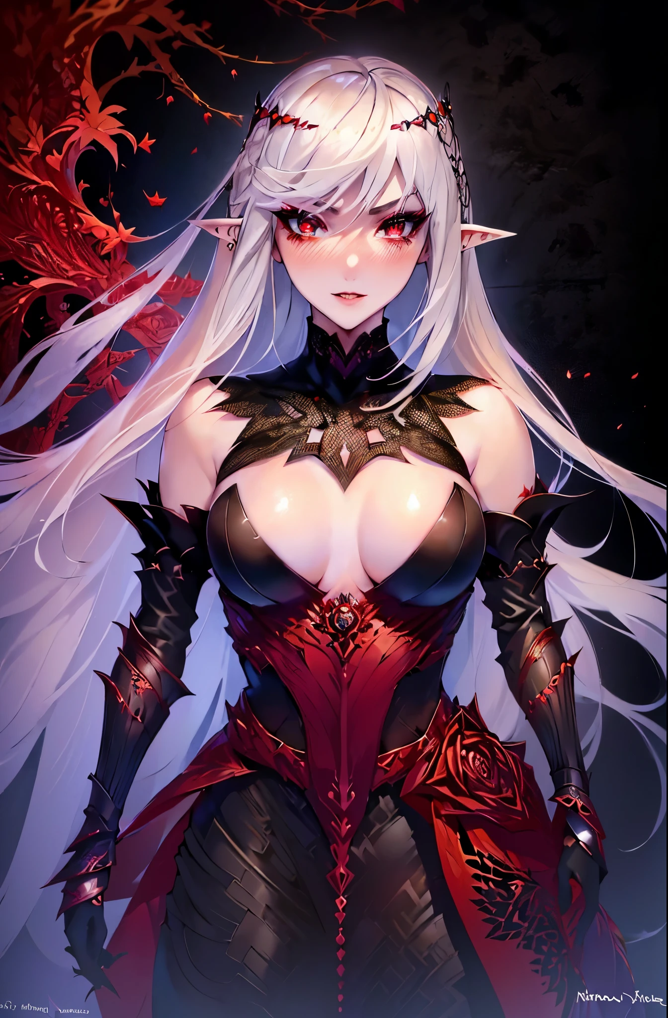 8k, masterpiece, highest quality, best quality, official art, beautiful and aesthetic, extremely detailed, (fractal art: 1.3), colorful, highest detailed, perfect face, upper body, HDR, sexy, wide hips, thicc figure, Detailed face, Detailed eyes, red eyes, perfect face, perfect eyes, ( 1elf, 1 female elf, 1girl, trans, futa, futanari, big ass, slim waist, pretty face, long white hair, sharp jawline, he is sexy, she is beautiful, she has black eyeliner, he has makeup, she has a girly face, she is tanned, she has big , she is blushing, she wears blush, hips wider than shoulders, slim torso, black lipstic, e-girl makeup, blushing, pretty, sharp jawline, red eyes, cute, thigh high socks, goth clothes, black skirt, black crop top, black lipstick, black eyeliner, cute smile, Goth, goth priestess, RAVEN, goth makeup, goth clothes, white hair, wolf cut
