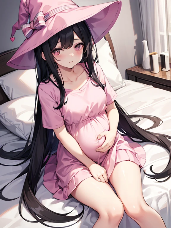 The woman had long black hair down to her waist, wore a cute pink hat, wore pink casual clothes and wore a fairly small skirt with white socks covering her legs up to her thighs. in a pregnant position wearing a witch's dress in bed in a position that has just woken up and shows her genitals which emit a thick from her genitals