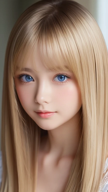 real photo quality、extraordinary sexy beauty、Beautiful calm and bright expression、Sexy refreshing look、Long bangs that fall on a perfect beautiful cute face、Super long blonde straight silky hair、blonde on a beautiful face、Very cute beautiful sexy young woman、very perfect beautiful cute face、Beautiful bright sky blue eyes、very big eyes、hair above eyes、片hair above eyes、hair between eyes、Very radiant white skin、cheek gloss