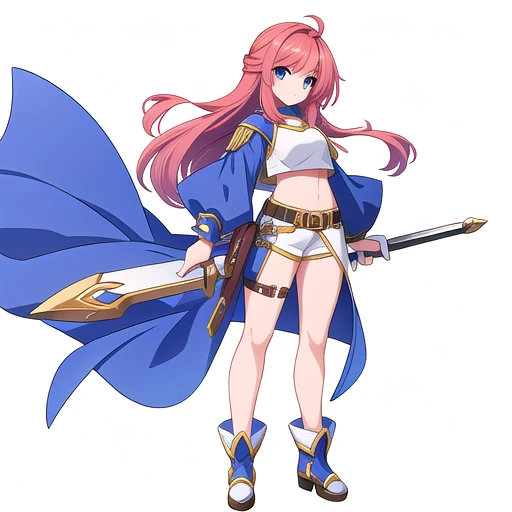 solo, female, crop top, ((( white background))), character focus, fantasy outfit, standing, character design, full body, holding weapon,