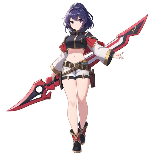 solo, female, crop top, ((( white background))), character focus, fantasy outfit, standing, character design, full body, holding weapon,