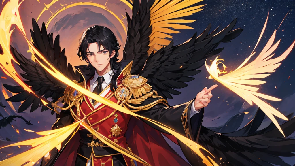 handsome boy, black hair, royal clothes, majestic black wings, phoenix bird, 8k resolution, night sky