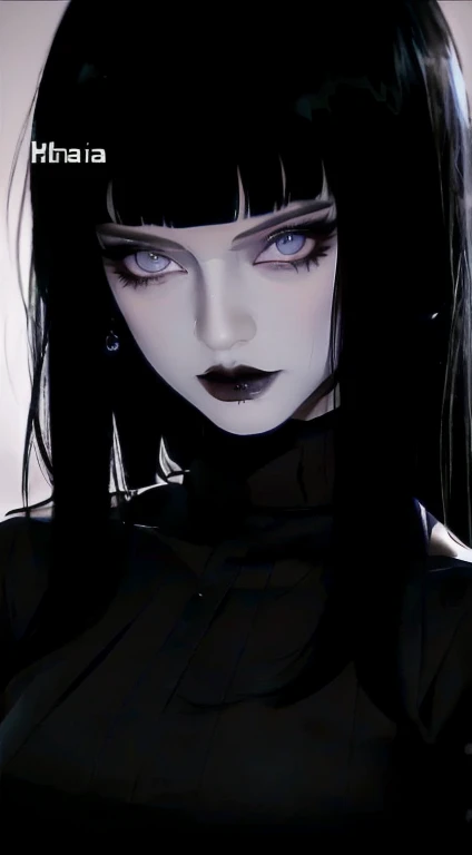 anime girl with black hair and blue eyes in a black outfit, black hair and large eyes, 27 - year - old anime goth girl,Hyuga Hinata,raven black hair, with haunted eyes and dark hair, goth girl, neo goth, gothic girl face, she has white eyes!!!, jet black haired cyberpunk girl, black intense eyes, full body portrait 