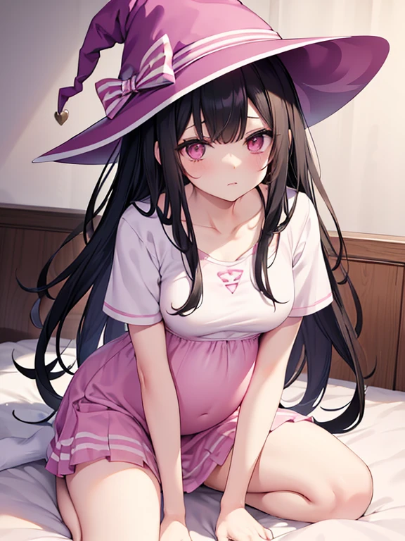 The woman had long black hair down to her waist, wore a cute pink hat, wore pink casual clothes and wore a fairly small skirt with white socks covering her legs up to her thighs. in a pregnant position wearing a witch's dress in bed in a position that has just woken up and shows her genitals which emit a thick white liquid from her genitals