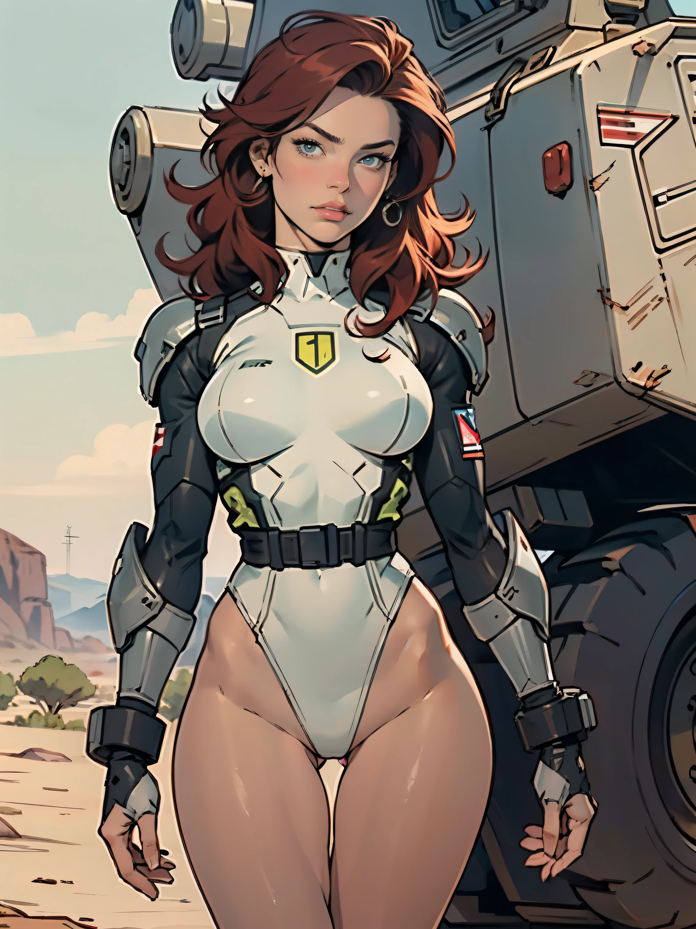 1woman 20 years old, military, beautiful, perfect body, realistic, red hair, perfect body, thin waist,  , large breasts, slim thighs, desert background, armored vehicle, flying fighters, military robot dog, camouflaged uniform, wealth of details, tight panties, marking on the front, slender knees, highly detailed, high resolution, prefect hands, slender thighs, show knees, thigh gap, alert eyes