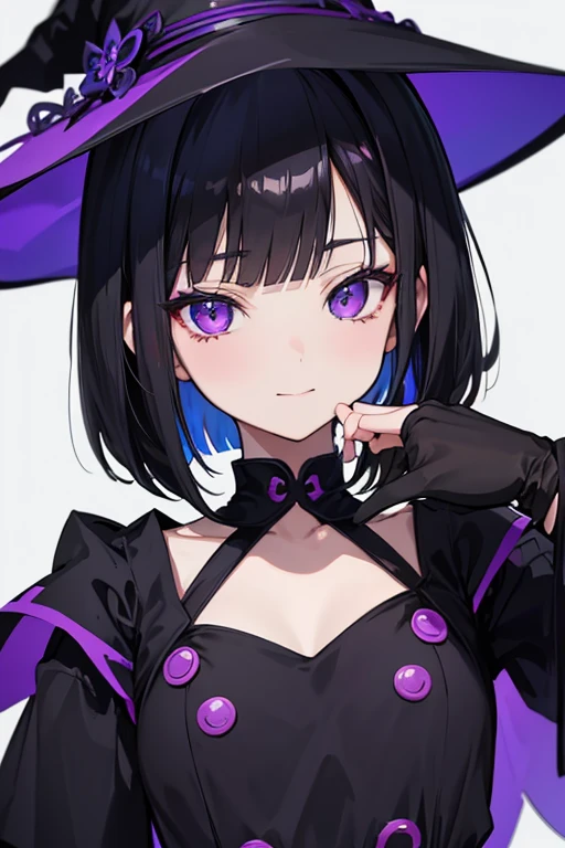 Witch's outfit, Anime-style portrait of a girl with a dark violet bob cut making eye contact with the camera, bright eyes, -facebtle smile, minimalistic background to emphasize character, high contrast, clean lines, digital painting, vivid colors