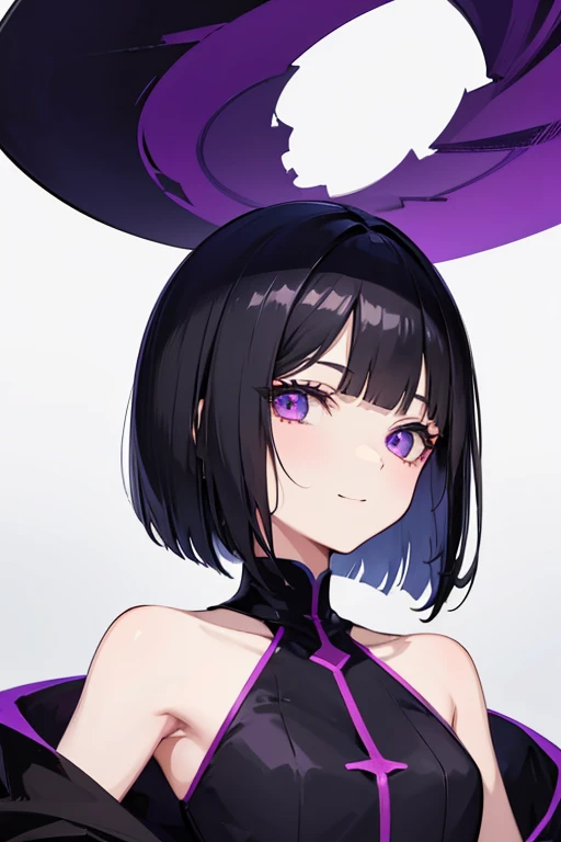 Witch's outfit, Anime-style portrait of a girl with a dark violet bob cut making eye contact with the camera, bright eyes, baby-faced, subtle smile, minimalistic background to emphasize character, high contrast, clean lines, digital painting, vivid colors