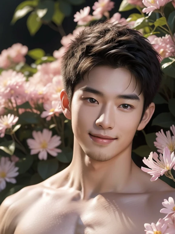 lots of flowers and a man , shirtless , outdoor , naked , adorable smile , realistic handsome Japanese face , modest muscles , masterpiece、A high resolution、hyperrealism、detailed face、solo、a men、glowing skin、(Asian)、(young、teenager)、Handsome、detailed background、Handsome