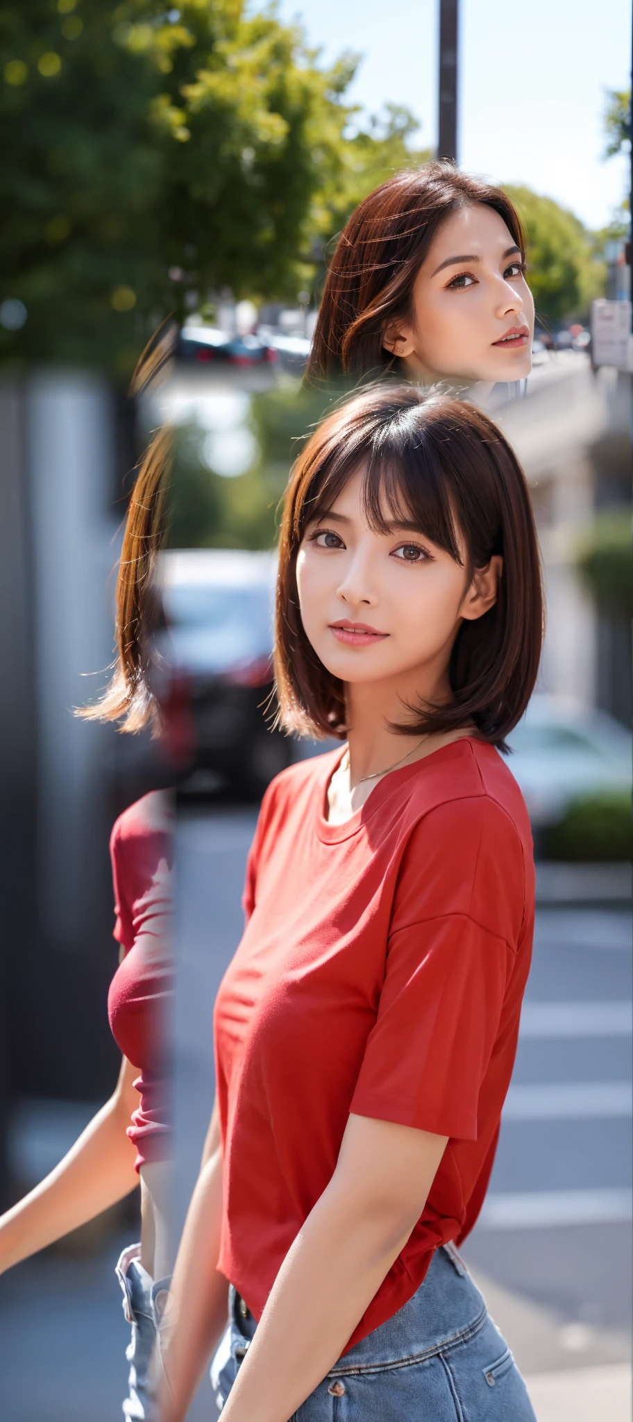 (top-quality、8K、masterpiece:1.3))、sharp focus:1.2、Beautiful woman perfect body:1.4、Slim abs:1.2、((Bob Hair、:1.2))、(red T-shirt、denim:1.1)、(Sateen、a street:1.2)、wetbody:1.5、Three-dimensional texture、A detailed eye、Brown hair、posterior view