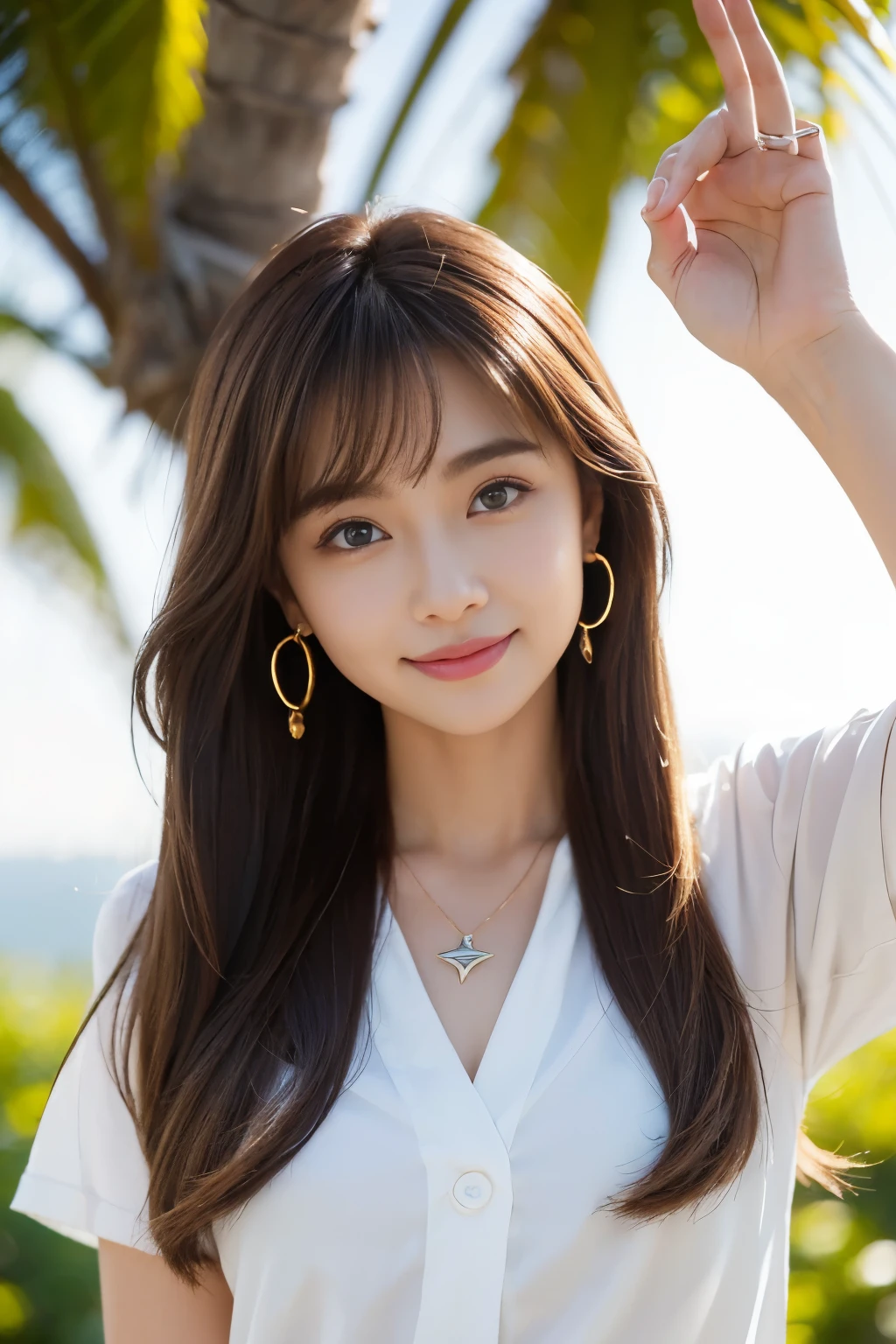 (better quality:1.1)、(realistic:1.1)、(image:1.1)、(very detailed:1.1)、viewer、bangles、jade bracelet、jade earrings、cilia、toothless smile、beautiful details、(very detailed目と顔)、(shine light on the face)、jade necklace、School uniforms for summer、(alone:1.5)、(margin、Palm tree)、(Skin shining in the light of the setting sun)、See-through、light brown eyes、(((Hair fluttering in the strong wind)))、((Anatomically perfectly balanced style))、cute pose、sexy pose、big blue eyes、Looks like a whole body、reddish brown hair