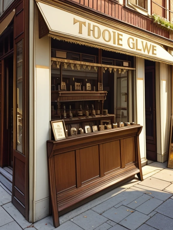 Imagine browsing a vintage shop, Storefront full of antiques and curiosities. Art Deco signs add an elegant touch to the atmosphere. In front of the store, An antique bicycle leans against a brick wall, evoke memories of past adventures. wood々fallen leaves create a golden carpet on the ground, While a playful dog chases a ball on the street.