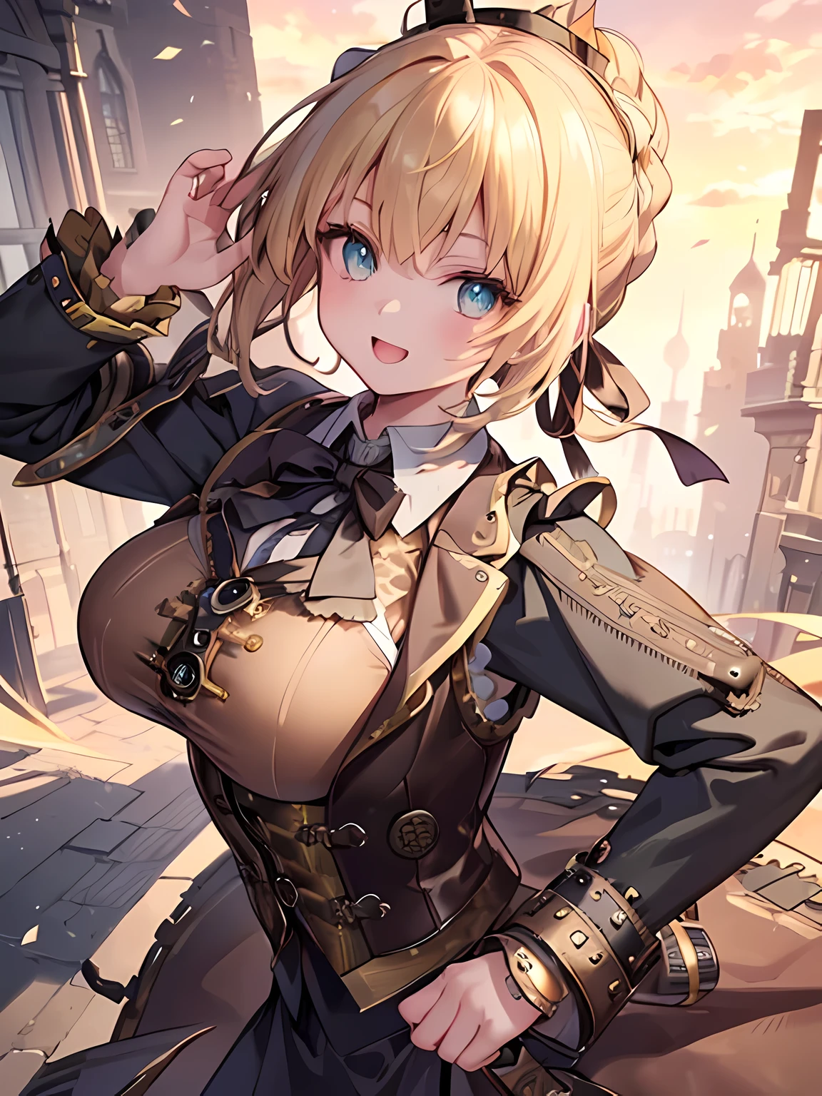 masterpiece,highest quality,(Super detailed),masterpiece,written boundary depth,perfect sentence, Detailed CG,Super detailed,(highly detailed eyes,very cute face,highly detailed face:1.3),beautiful anime girl,(solo girl:1.5),(super huge breasts:1.3),break,(happy smile),open your mouth,View viewer,break,ahoge, braid, hair ribbon, ribbon,blonde,short hair,Ahoge, Braid, hair ribbon,green eyes,(steampunk costume,collared shirt,vest,long coat:1.5),pants,steampunk background,Are standing,(dynamic pose,dynamic angle),cowboy shot