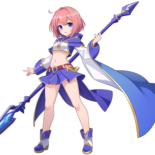 solo, female, crop top, ((( white background))), character focus, fantasy outfit, standing, character design, full body, holding weapon, magical girl costume,
