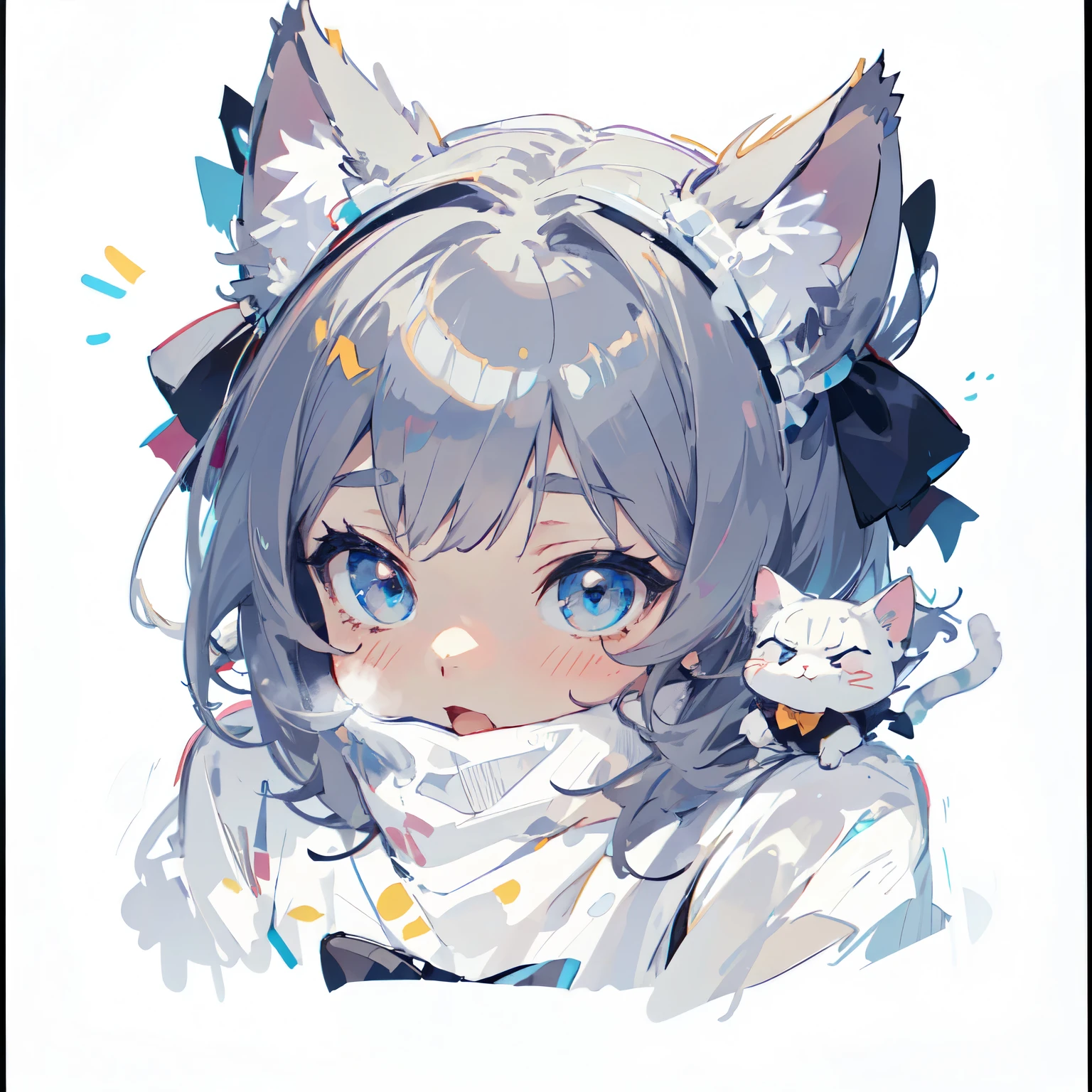 8k,exquisite,high quality,Close-up of the big head,facial close-up,avatar,Wearing cat ears、Anime girl with bow, Anime maid costume cat girl, Anime cute art style, anime cat girl, cute anime cat girl, anime girl with cat ears, white cat girl, internal medicine rice, ahegao, , girl with cat ears, Fat chibi gray cat, ahegao face catwoman。Cute
