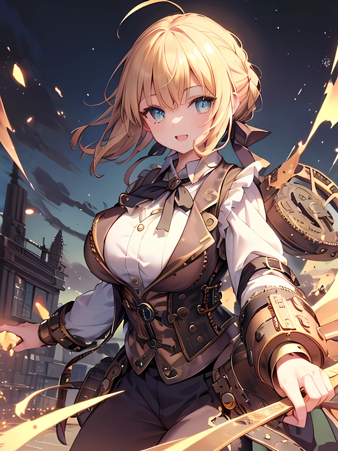masterpiece,highest quality,(Super detailed),masterpiece,written boundary depth,perfect sentence, Detailed CG,Super detailed,(highly detailed eyes,very cute face,highly detailed face:1.3),beautiful anime girl,(solo girl:1.5),(super huge breasts:1.3),break,(happy smile),open your mouth,View viewer,break,ahoge, braid, hair ribbon, ribbon,blonde,short hair,Ahoge, Braid, hair ribbon,green eyes,(steampunk costume,collared shirt,vest,long coat:1.5),pants,steampunk background,Are standing,(dynamic pose,dynamic angle),cowboy shot