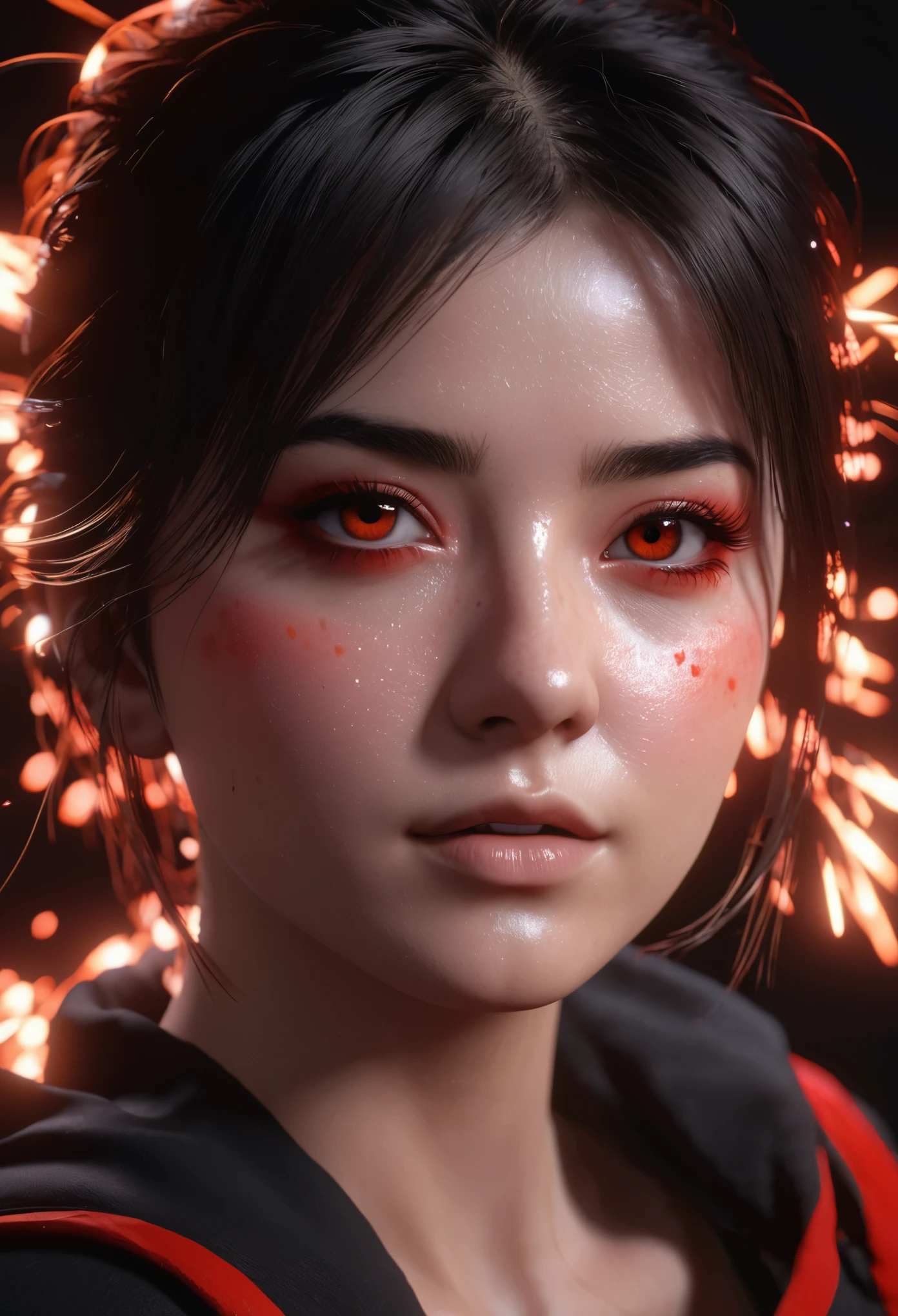 1girl, Eye of the star, Blush, Perfect lighting, Red poetry, Red eyes, Unreal Engine, Side lighting, Detailed face, Explosions, Skin bright, Simple background, Dark background,