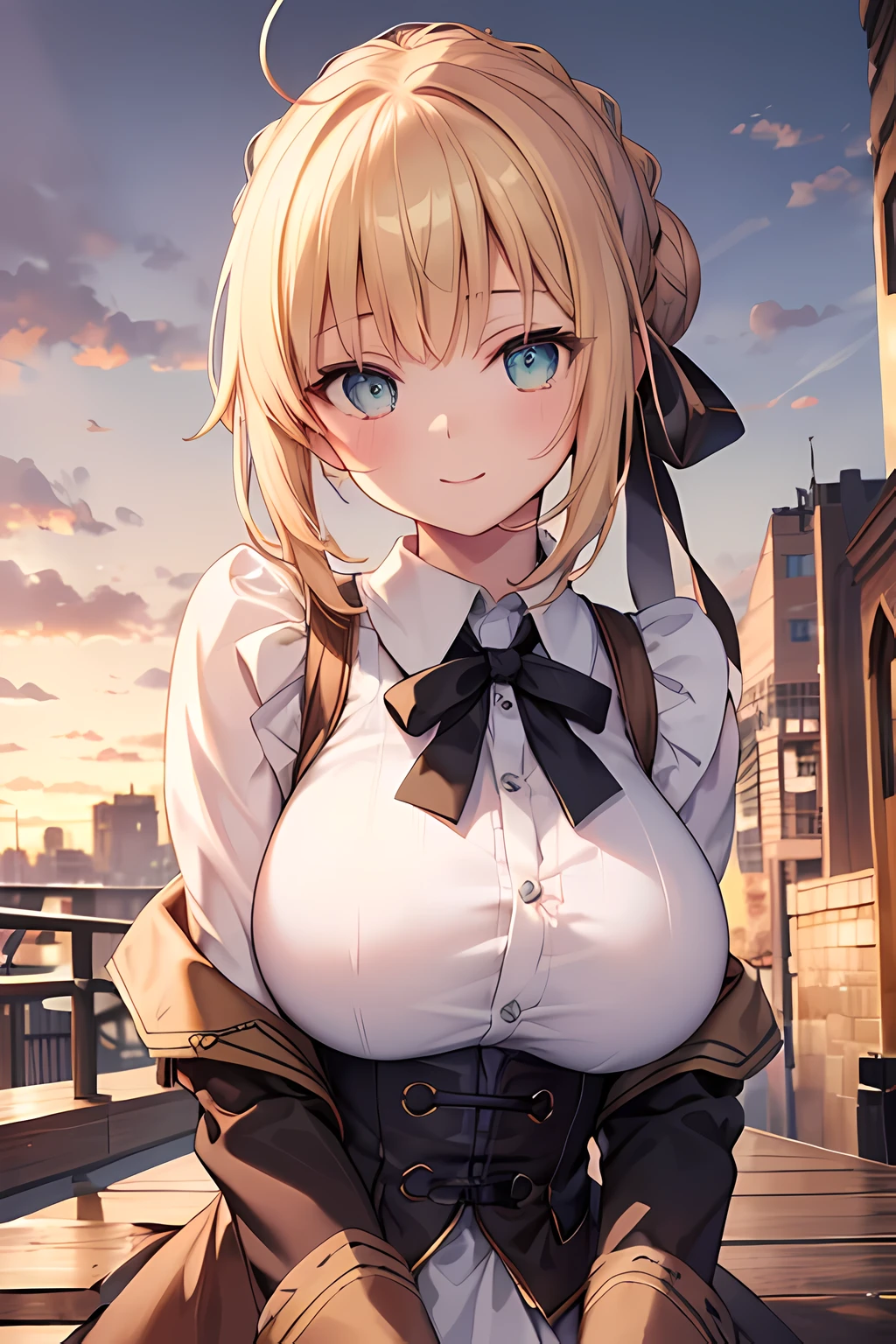 masterpiece,highest quality,(Super detailed),masterpiece,written boundary depth,perfect sentence, Detailed CG,Super detailed,(highly detailed eyes,very cute face,highly detailed face:1.3),beautiful anime girl,(solo girl:1.5),(super huge breasts:1.3),break,(happy smile),open your mouth,View viewer,break,ahoge, braid, hair ribbon, ribbon,blonde,short hair,Ahoge, Braid, bun hair, hair ribbon,green eyes,(steampunk costume,collared shirt,vest,long coat),slacks,steampunk background,Steampunk cityscape,gaslight