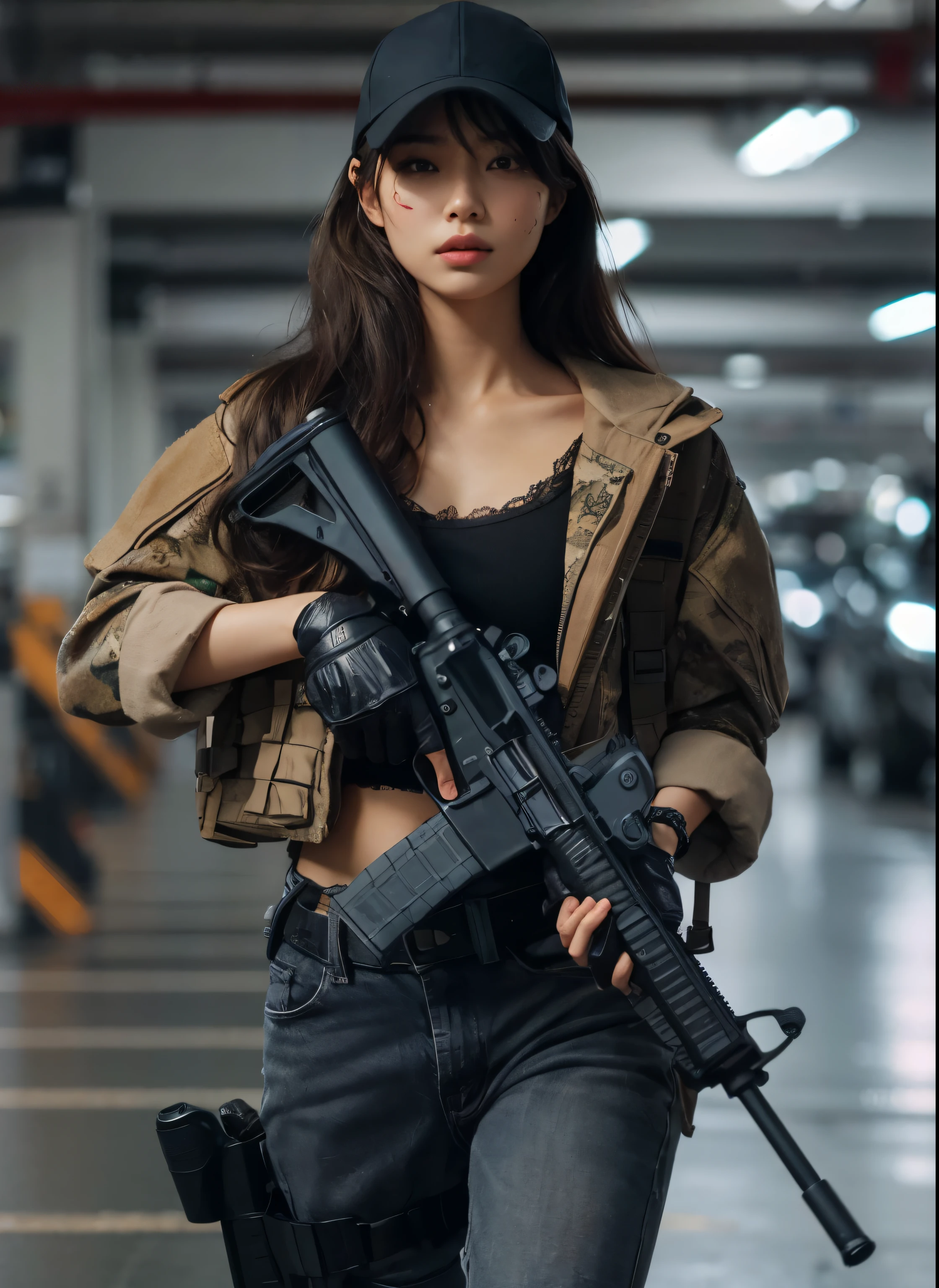 Photoreal、realistic skin texture、automatic rifle