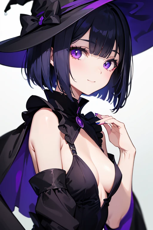 Witch's outfit, Anime-style portrait of a girl with a deep violet bob cut making eye contact with the camera, bright eyes, baby-faced, subtle smile, minimalistic background to emphasize character, high contrast, clean lines, digital painting, vivid colors