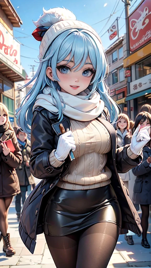 masterpiece, raw, beautiful art, professional artist, 8K, Art style by sciamano240, The facial details are very rich, very fine hair, 1 female, perfectly drawn body, pretty face, long hair, light blue hair , Very detailed blue eyes , rosy cheeks, The details in the eyes are intricate, playful smile, looking directly at the viewer , Falling in love with the audience’s expressions, lipstick, 穿著可愛的winter coat, winter coat, Gloves, sweater, scarf, short pencil skirt, boots, pantyhose ,Sunny winter day, walk, audience perspective, very close to face,