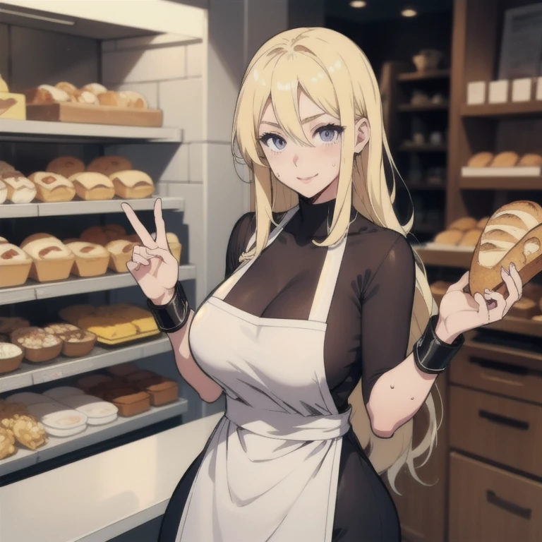 ((masterpiece, best quality, highres, UHD, perfect pixel, depth of field, 8k, RTX, HDR)), BREAK, 1girl, single, solo, beautiful anime girl, beautiful artstyle, anime character, ((long hair, blond hair)), (purple:1.4, rounded eyes, beautiful eyelashes, realistic eyes),big breast, without clothes wearing only a white apron, covered in sweat, blushing, with a smile, BREAK, holding a bitten bread in the hand, sexy pose in a pastry shop with shelves with a lot of bread.