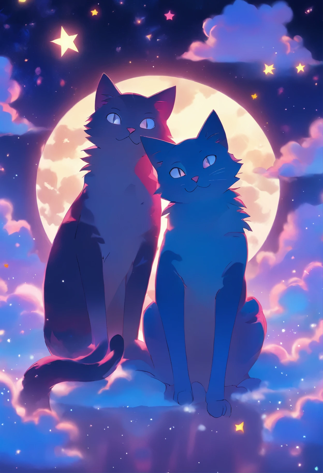 outlines of two loving cats sitting on a cliff in front of a full blue moon with dark blue and indigo and violet sky, falling star, dark blue and silver, from behind, rich detailed landscape in background, <lora:EldritchPaletteKnife:0.5>