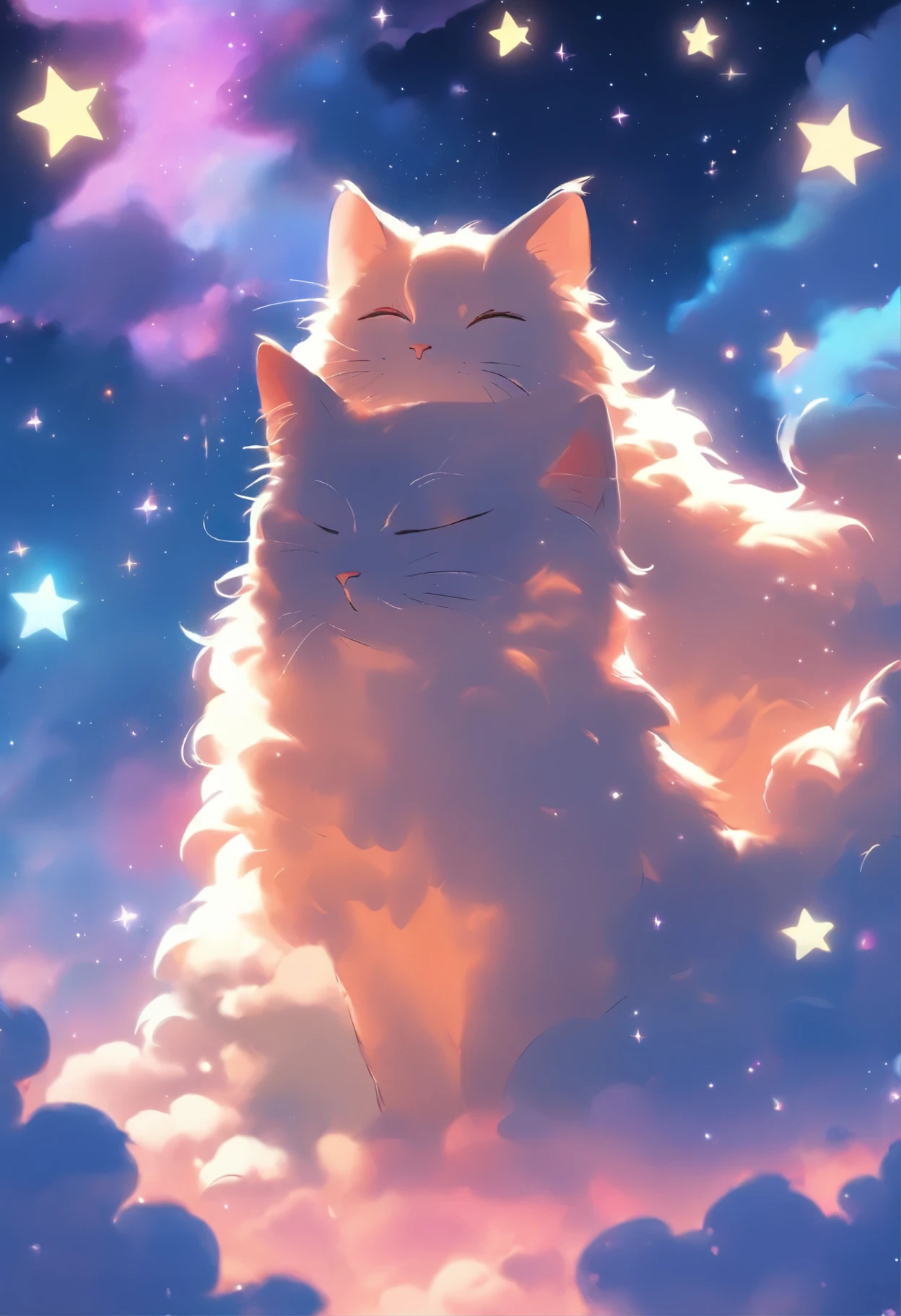 Beautiful cute cat、Draw a picture of yourself relaxing and dreaming in the clouds。Cat it lies down、The tail is curled。Surrounded by rainbows and stars、Elements in dreams, Like a floating bird。The background is lilac、Let you feel the world in your dreams。