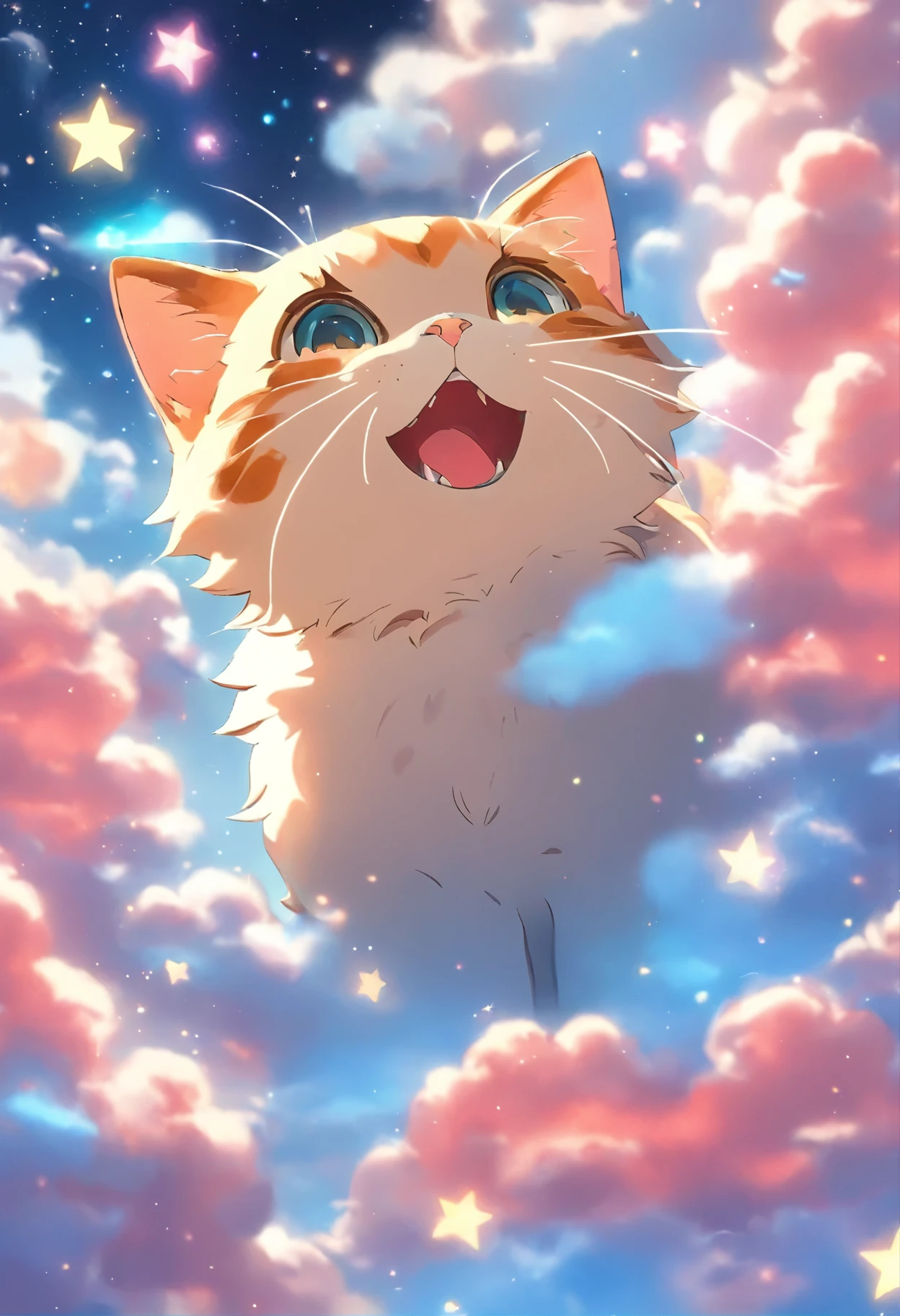 anime cat in the clouds with stars and clouds in the background, anime visual of a cute cat, anime cat, kawaii cat, cute anime catgirl, anime catgirl, beautiful anime catgirl, very beautiful anime cat girl, very beautiful cute catgirl, nekomimi, cute anime, dream animal cute eyes, anime girl with cat ears, anime vibes