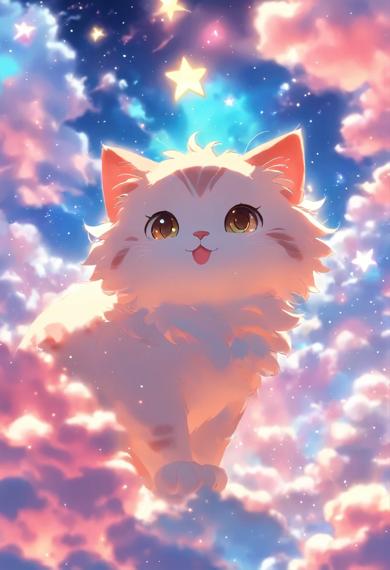 anime cat in the clouds with stars and clouds in the background, anime visual of a cute cat, anime cat, kawaii cat, cute anime catgirl, anime catgirl, beautiful anime catgirl, very beautiful anime cat girl, very beautiful cute catgirl, nekomimi, cute anime, dream animal cute eyes, anime girl with cat ears, anime vibes