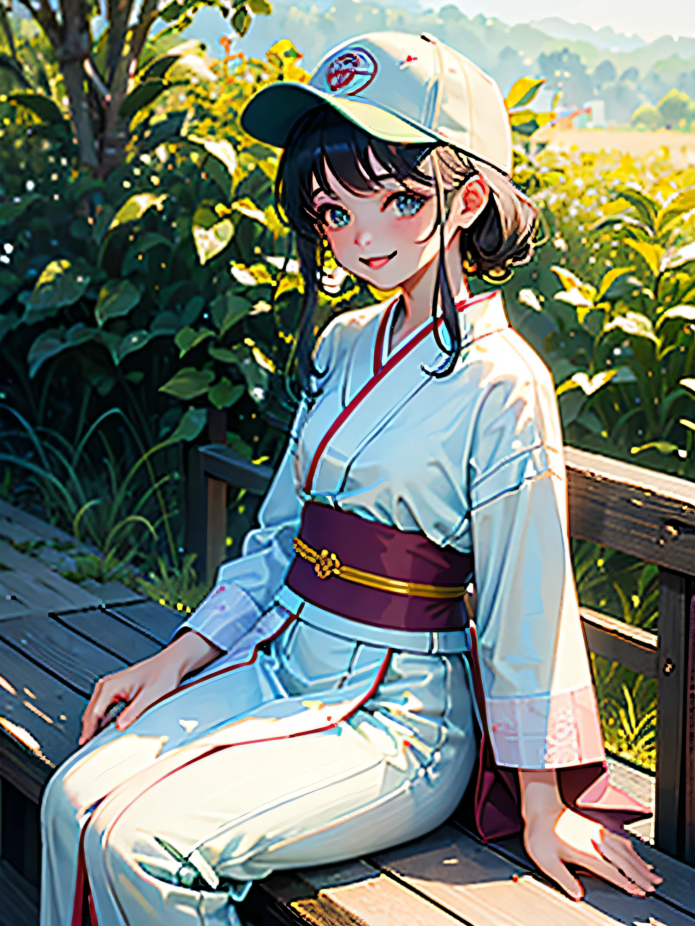 ((masterpiece, highest quality, Super fine, High resolution)), alone, beautiful girl, shining eyes, perfect eyes, , 5 fingers on hand,tea plantation、sunny、kimono、baseball cap、gentle smile、laughing、