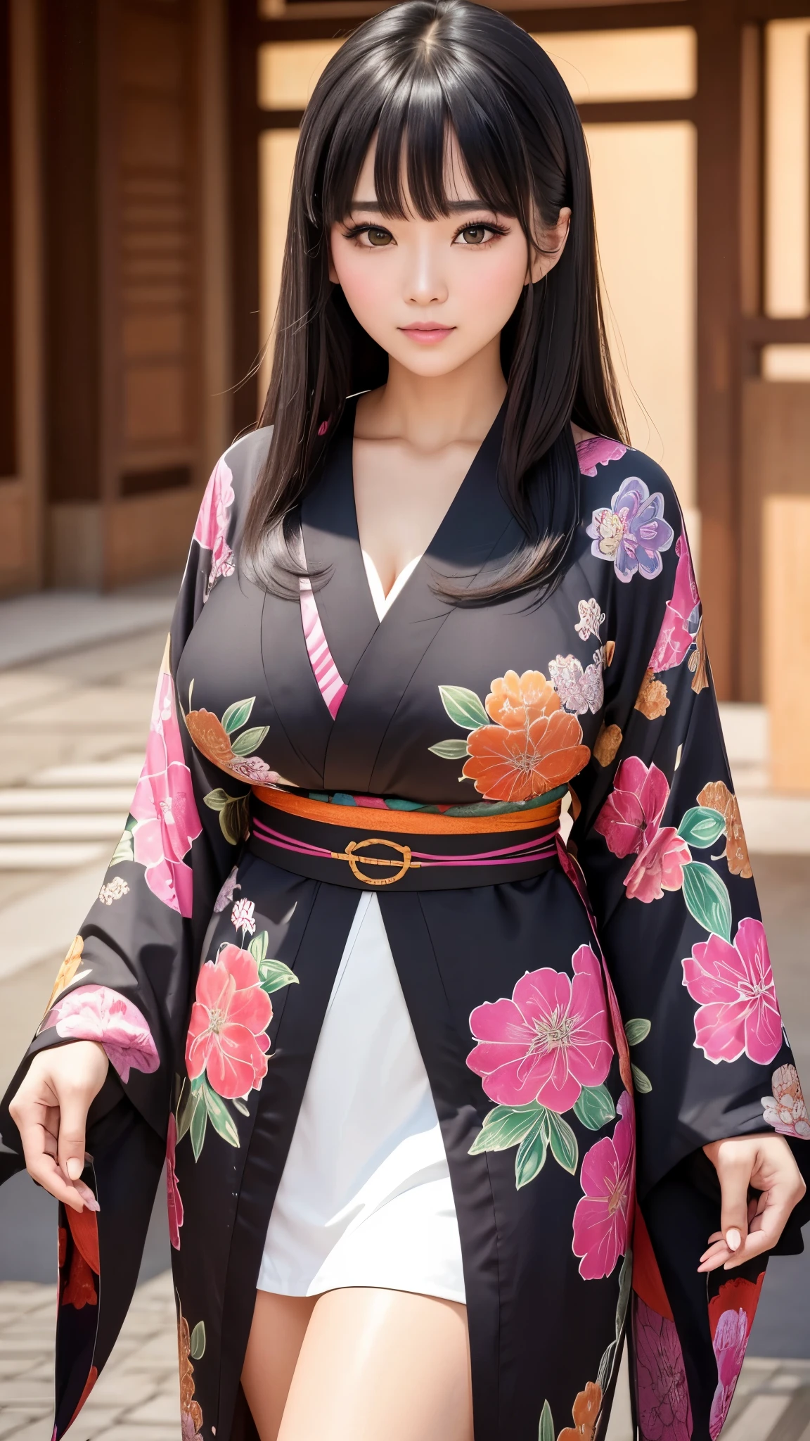 ((highest quality)), ((8k)), (detailed face), (highlight), Asian、woman、Big breasts、bangs、black hair、Colorful kimono with patterns、