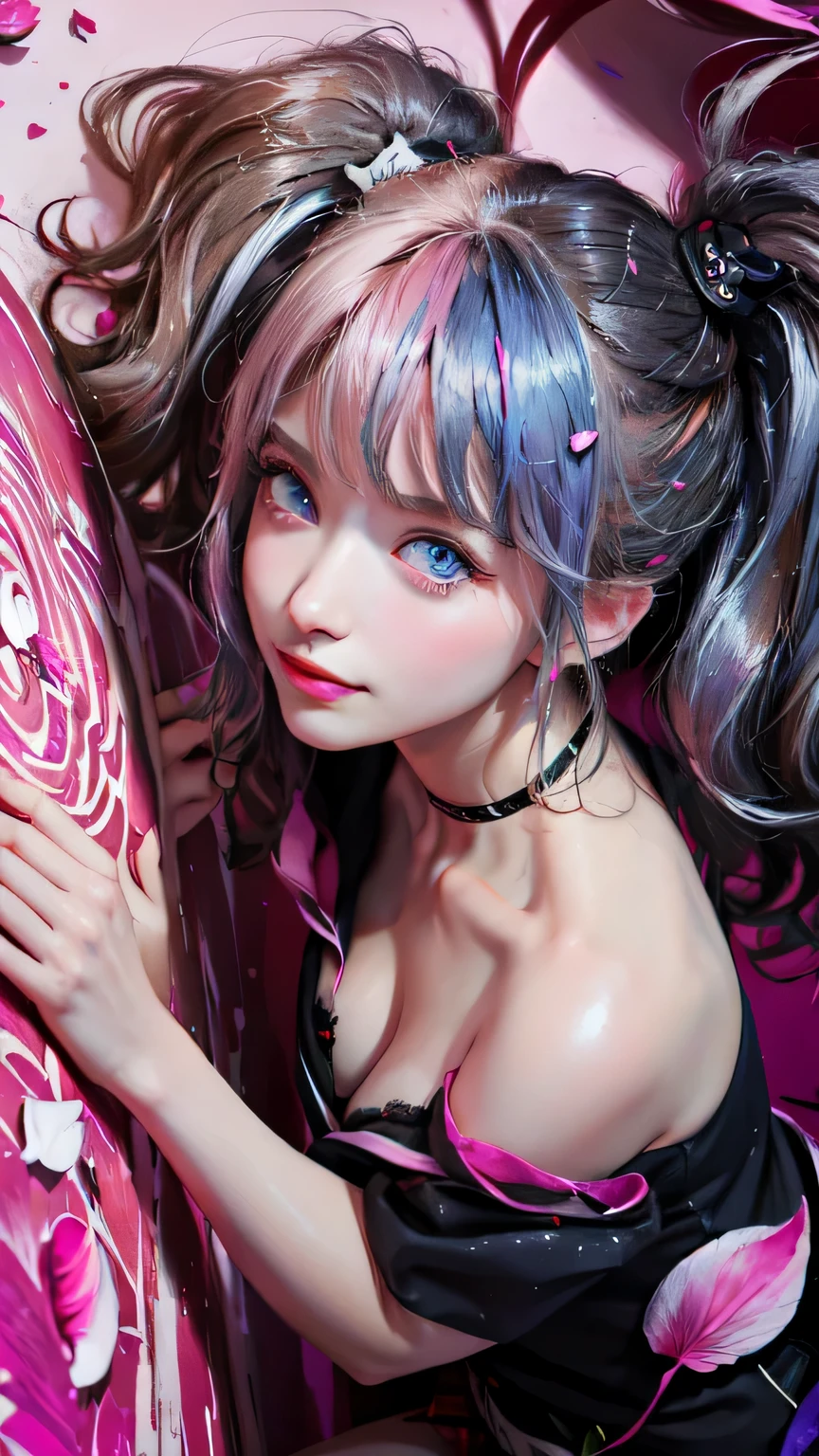 [nsfw:1.5], Junko Enoshima, (absurdres:1.5), (anatomically correct), (Oskar Kokoschka style:1.4), (abstract expressionism art:1.4), (photo once in 1000 years), (masterpiece), (highest quality), (super detailed), (floating), (detailed light), (portrait:1.5), long blonde twin tails, one girl, alone, (ultimate detailed and beautiful blue spiral eyes:1.5), (catchlight:1.5),deep cleavage, clavicle, mega breasts, bangs, smile, (looking at viewer:1.5), (high angle:1.5), bear hair ornament, nail polish, red nails, red bow, black shirt, underwear, choker, black bra, rolled up sleeves, white tie, red plaid pleated skirt, shiny, shiny hair, (pink rouge), (lots of sychedelic petals through the air:1.5), shiny skins