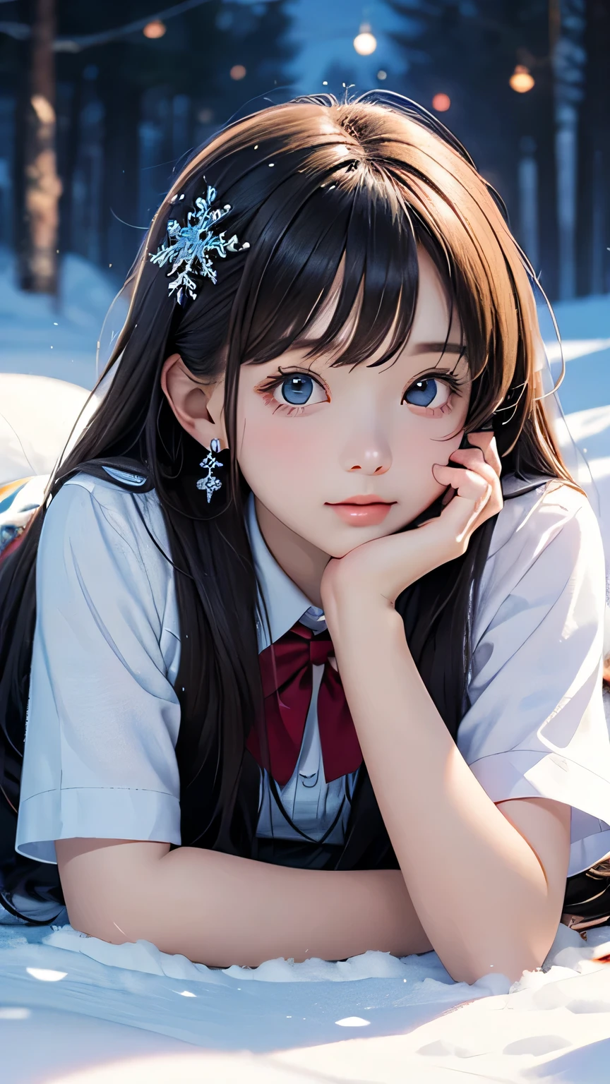 (((Masterpiece))),((top quality)),one beautiful girl,bangs、(high school uniform)、snow girl, beautiful digital artwork, Beautiful snow girl, beautiful fantasy art, very beautiful fantasy art, beautiful digital art,Lying face down on the snow:1.5)