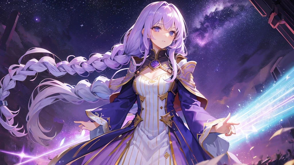 beutiful girl, light purple hair, long braid hair, galaxy, royal clothes, star, night sky