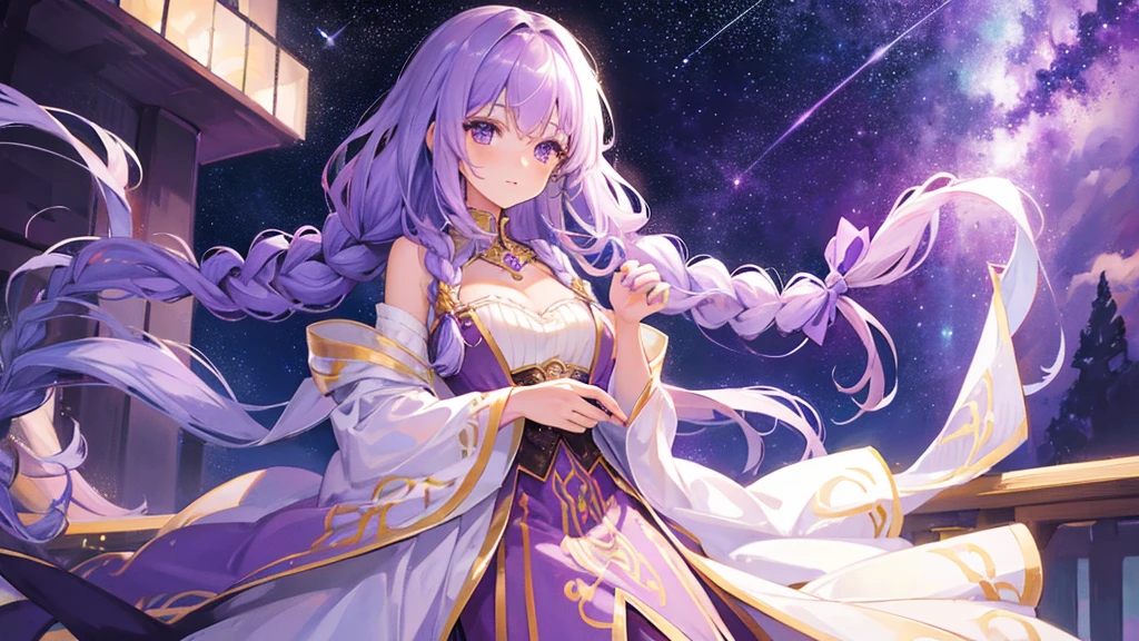 beutiful girl, light purple hair, long braid hair, galaxy, royal clothes, star, night sky