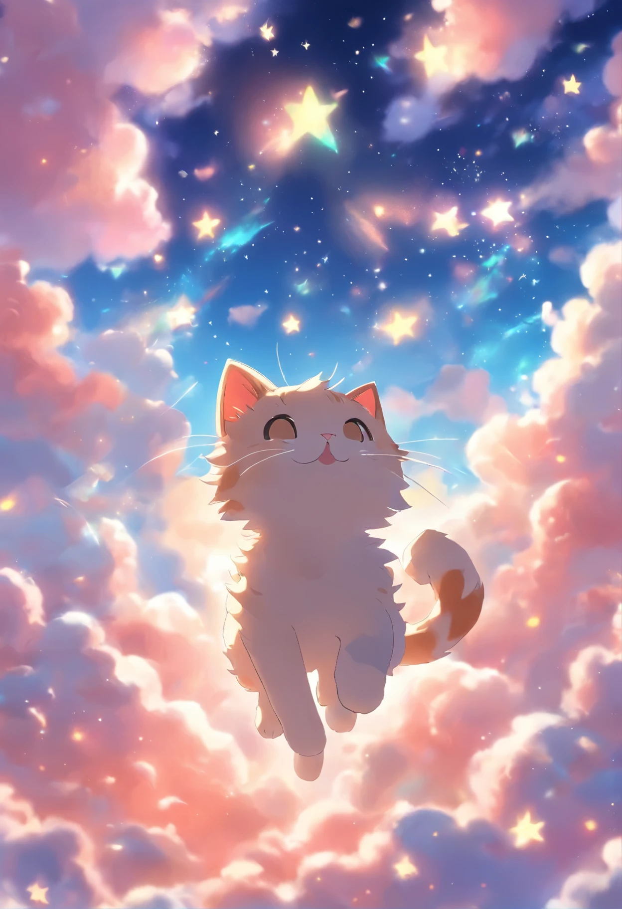 anime cat in the clouds with stars and clouds in the background, a picture by Ikuo Hirayama, pixiv, furry art, anime visual of a cute cat, anime cat, kawaii cat, cute anime catgirl, anime catgirl, beautiful anime catgirl, very beautiful anime cat girl, very beautiful cute catgirl, nekomimi, cute anime