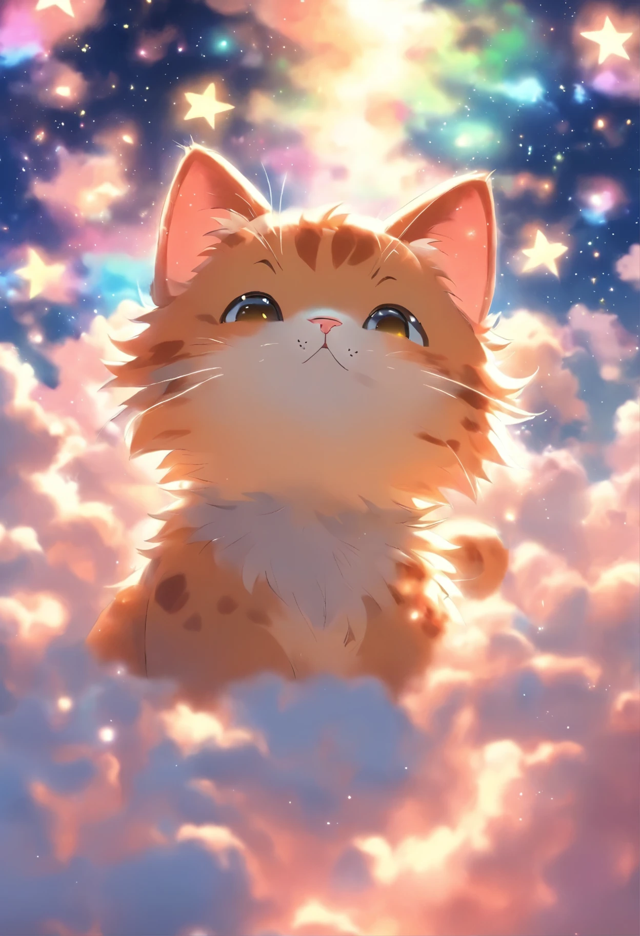 anime cat in the clouds with stars and clouds in the background, a picture by Ikuo Hirayama, pixiv, furry art, anime visual of a cute cat, anime cat, kawaii cat, cute anime catgirl, anime catgirl, beautiful anime catgirl, very beautiful anime cat girl, very beautiful cute catgirl, nekomimi, cute anime