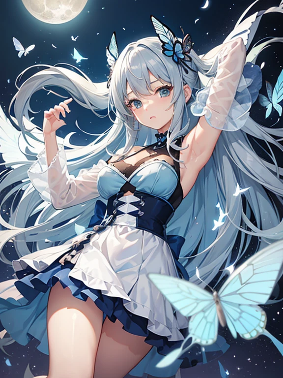 Light blue inner layer in hair、Gray hair on top、medium hair、cute、anime、beautiful girl、one piece、Mature、butterflies dance、moon



